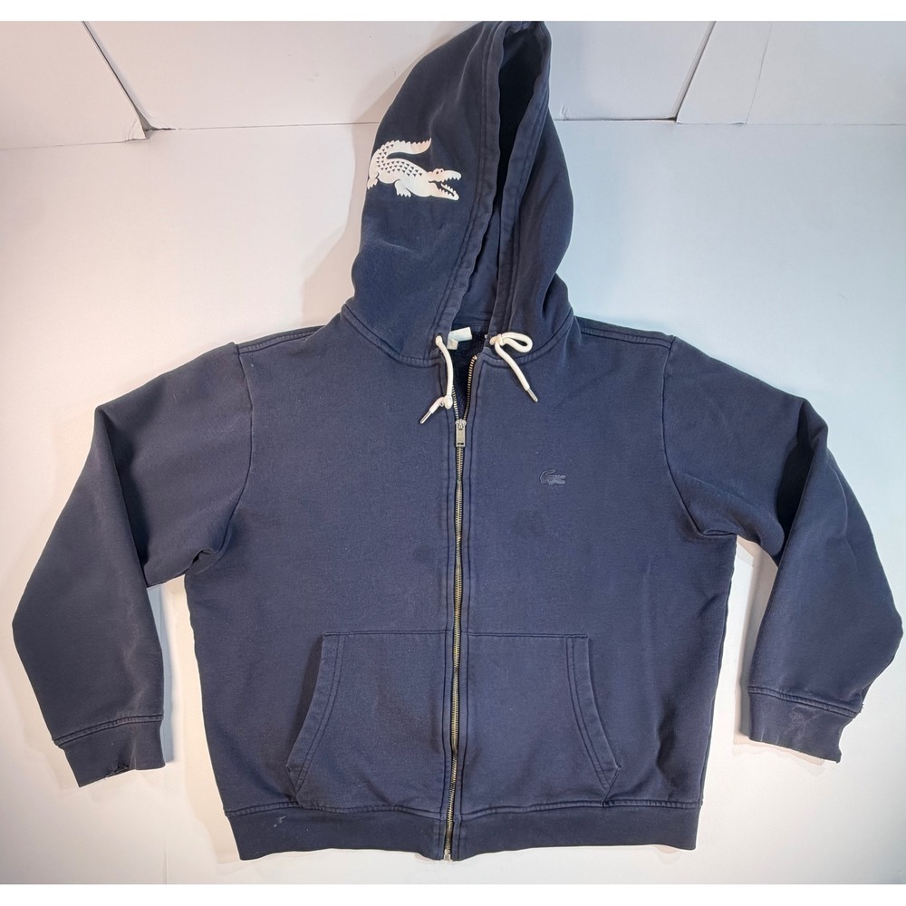 Lacoste Mens XL Navy Blue Full Zip Hoodie Hood Graphic Big Logo Sweatshirt